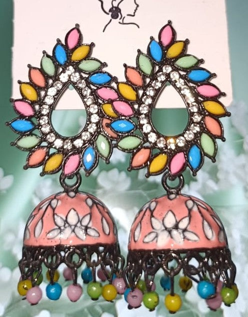 PEACH COLOURED Enamel Floral Jhumkas