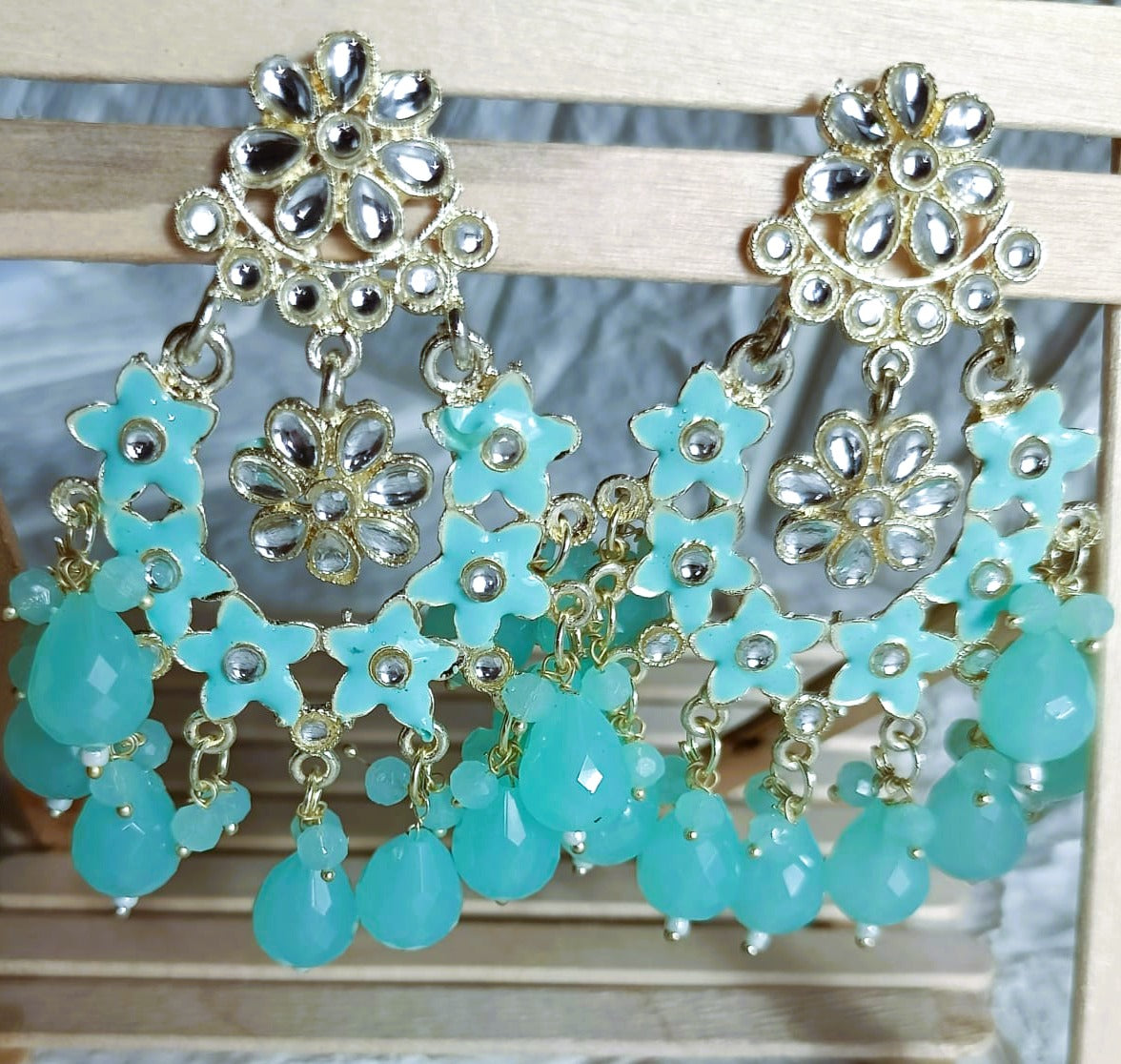 Gold-Plated Floral Drop Earrings with SEA BLUE Beads