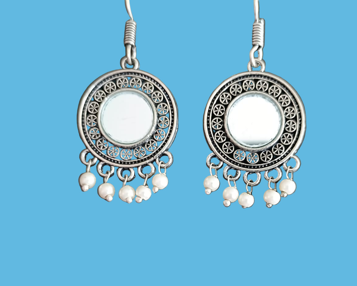 Oxidized Silver Mirror Work Earrings with Pearl Drops