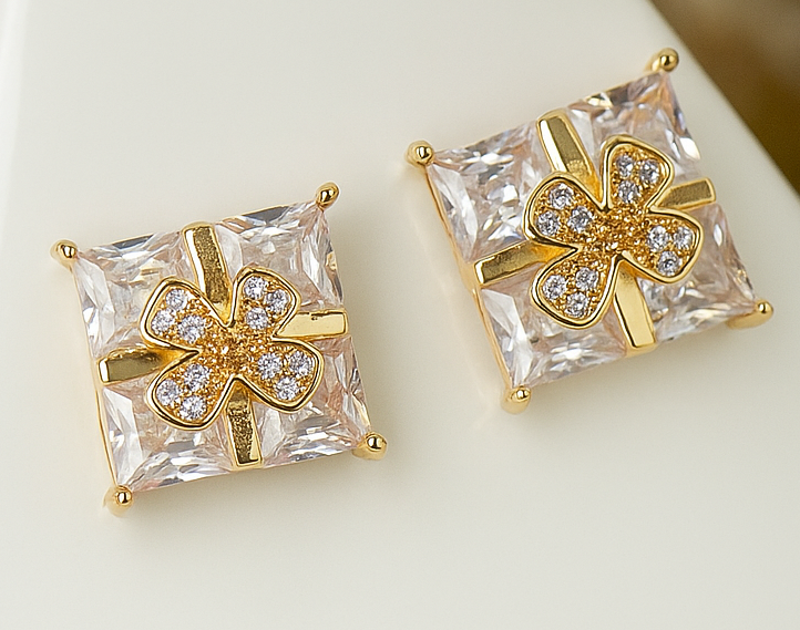 Square Floral CZ Stud Earrings