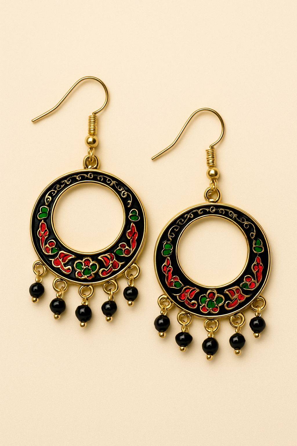 Black Enamel Floral chandbali Hoop Earrings with Bead Danglers