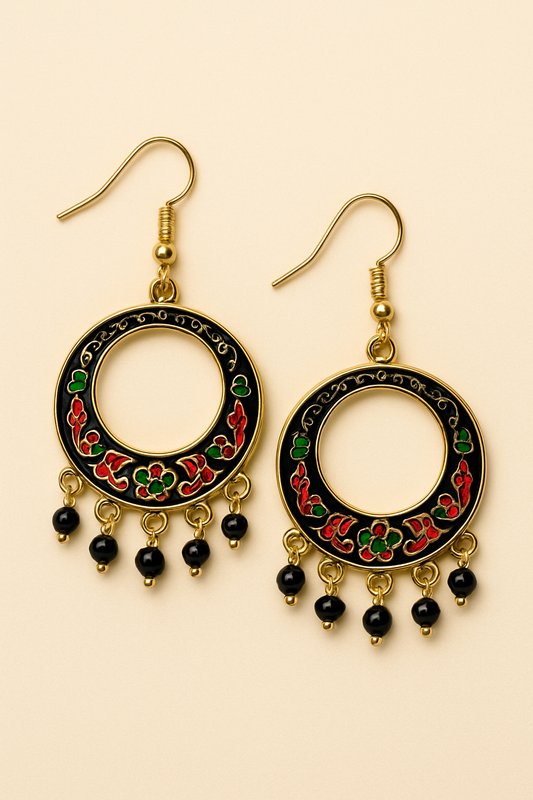 Black Enamel Floral chandbali Hoop Earrings with Bead Danglers