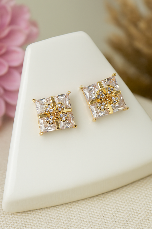 Square Floral CZ Stud Earrings
