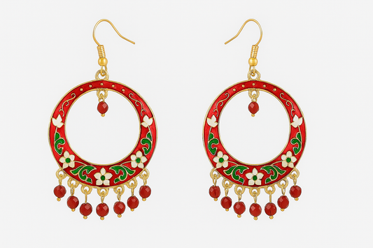 Red Enamel Floral Hoop Earrings with Bead Danglers
