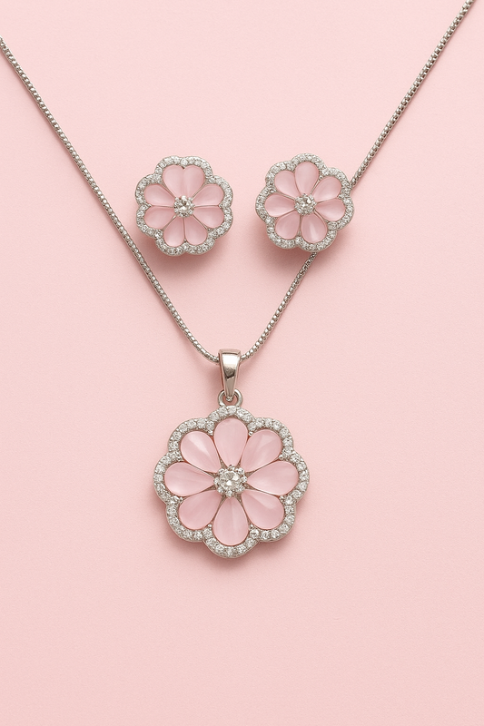Pink Bloom Pendant & Earrings