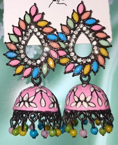 PINK Enamel Floral Jhumkas