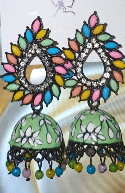 LIGHT GREEN Enamel Floral Jhumkas