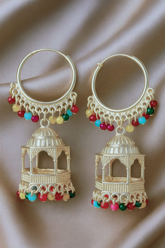 SLIVER Dome Temple Jhumka Earrings with Multicolor Beads