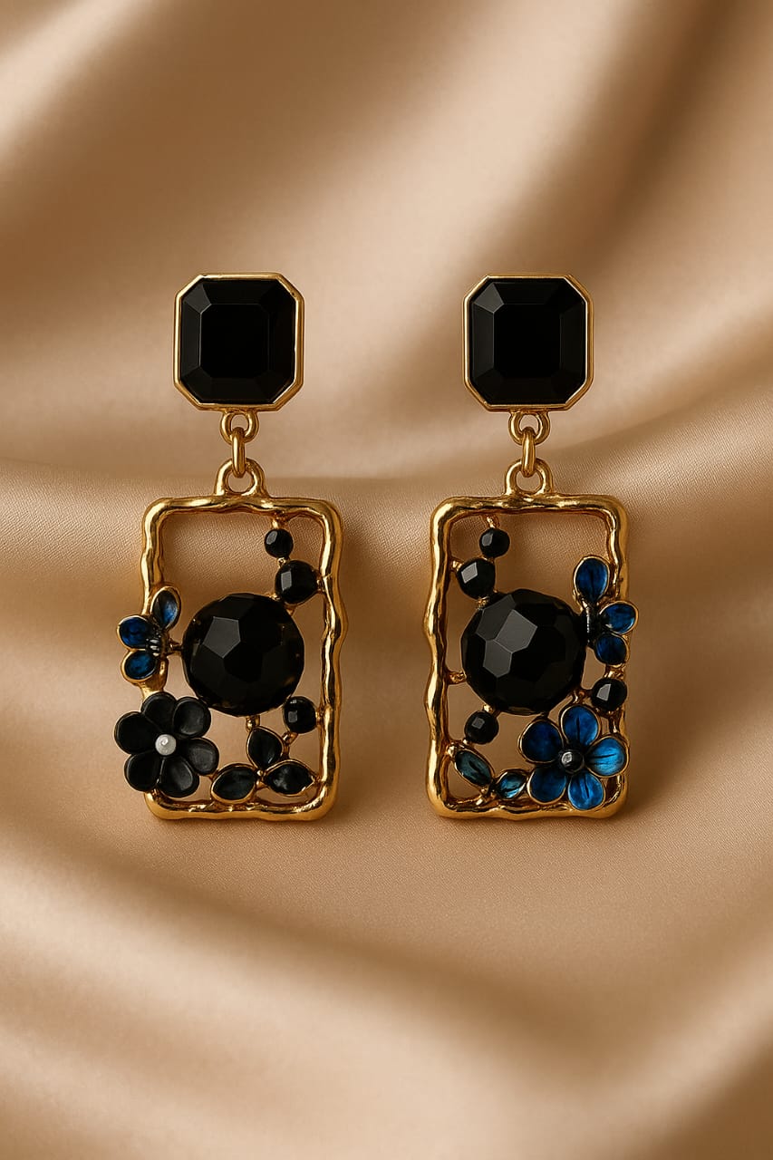 Black Stone & Floral Statement Drop Earrings