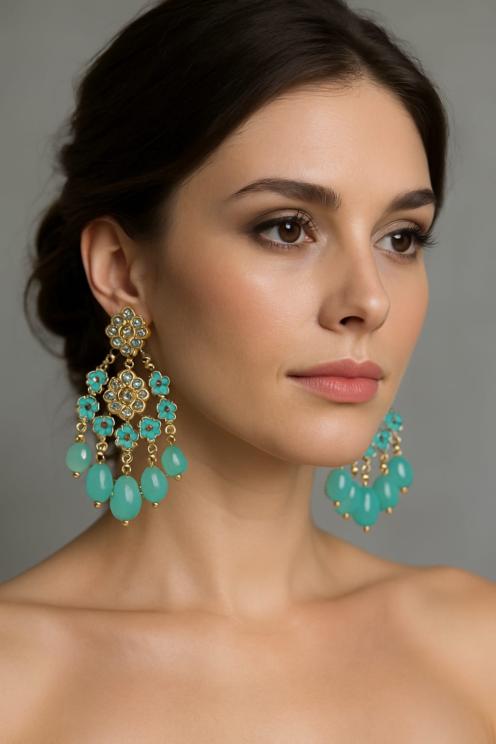 Gold-Plated Floral Drop Earrings with SEA BLUE Beads