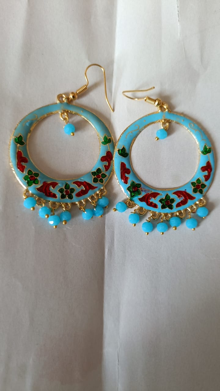 Sky Blue Enamel Floral Hoop Earrings with Bead Danglers