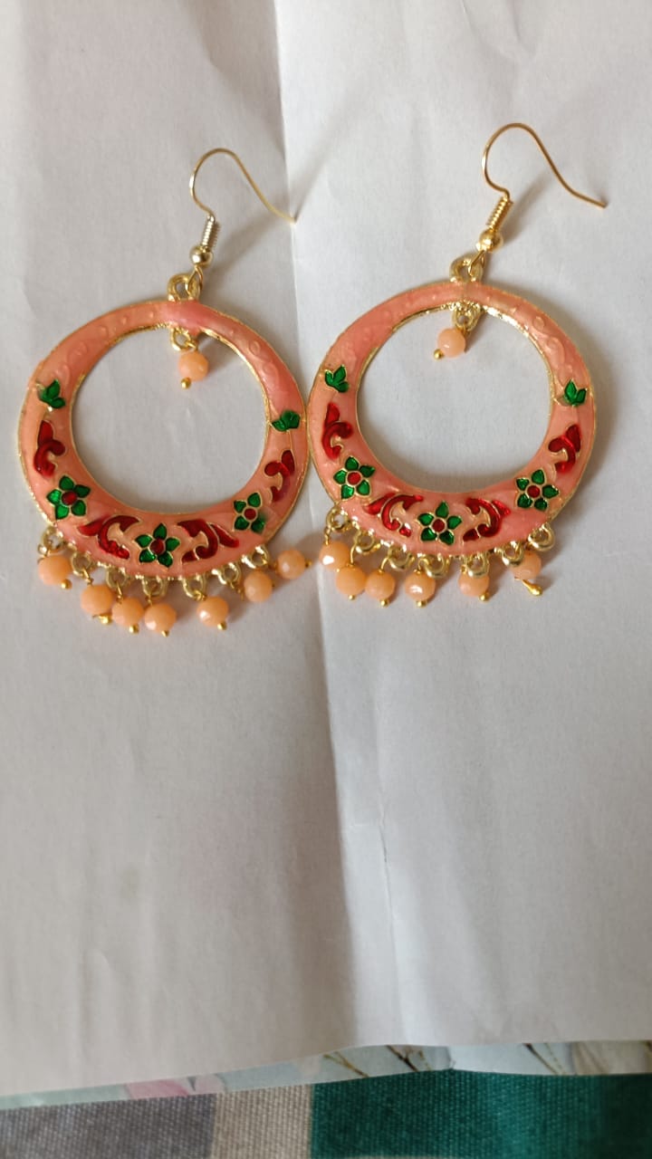 Peach Enamel Floral Hoop Earrings with Bead Danglers