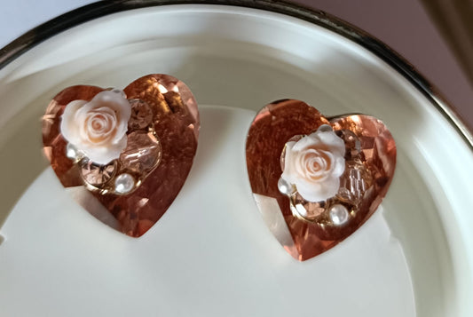 Golden Heart Stud Earrings with White Rose & Pearl Accents