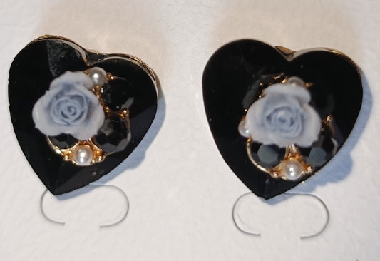 BLACK Heart-Shaped Crystal Floral Earrings