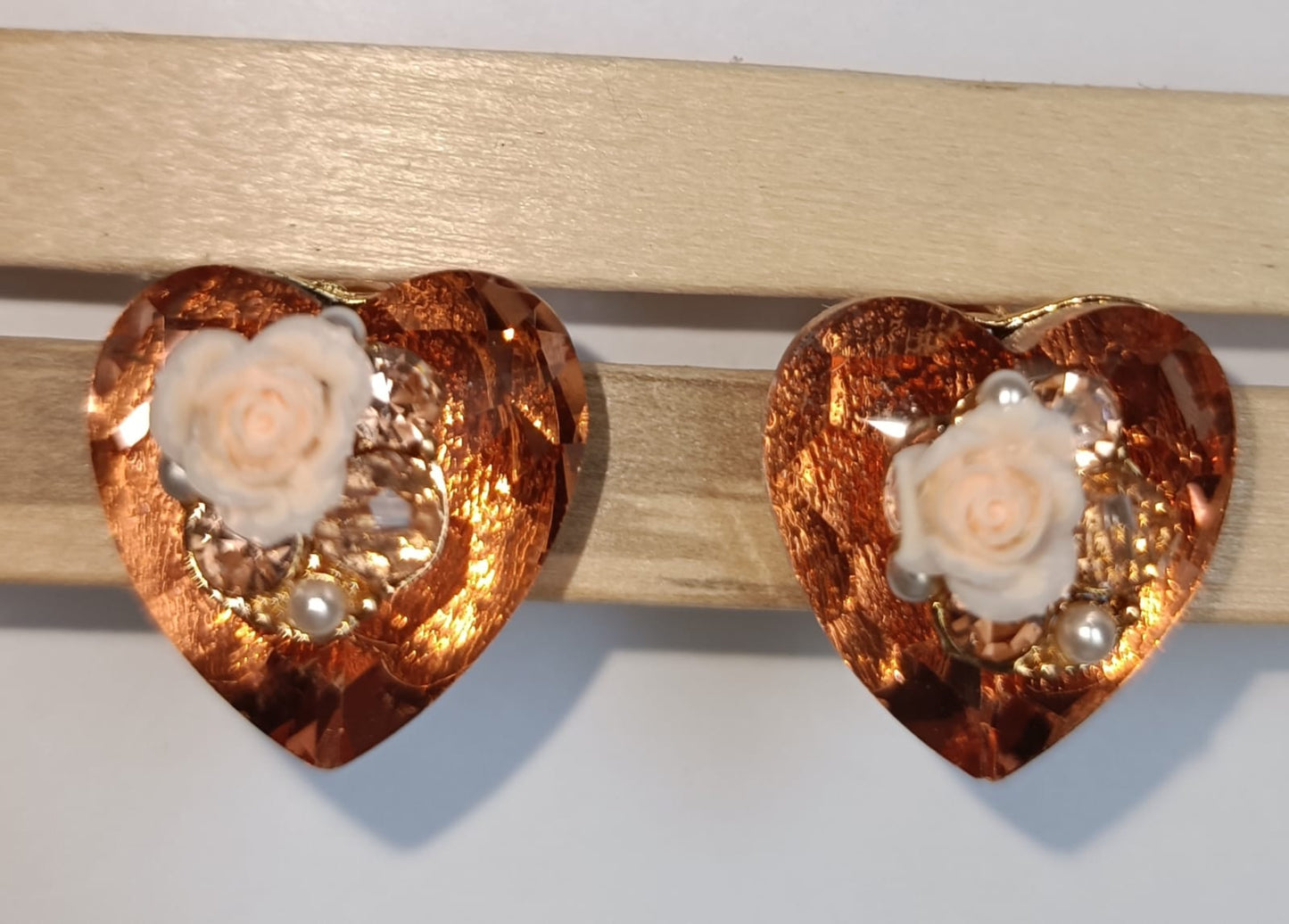 Golden Heart Stud Earrings with White Rose & Pearl Accents